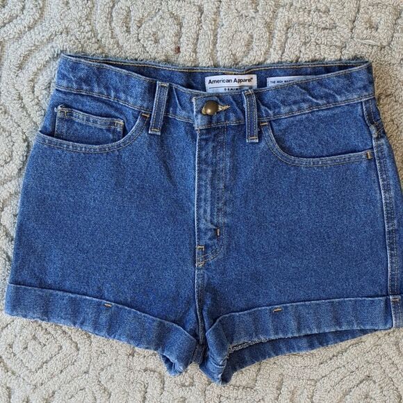 AMERICAN Apparel High Waisted cuff high rise Jean Dark Denim Blue Shorts 28 B1 - Picture 2 of 10